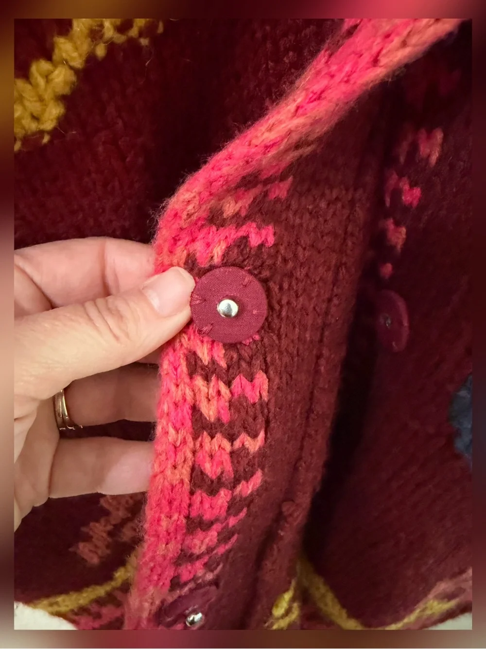 Rare Sundance Tayen Sweater Coat Cozy Burgundy Boho Patterned Size LP